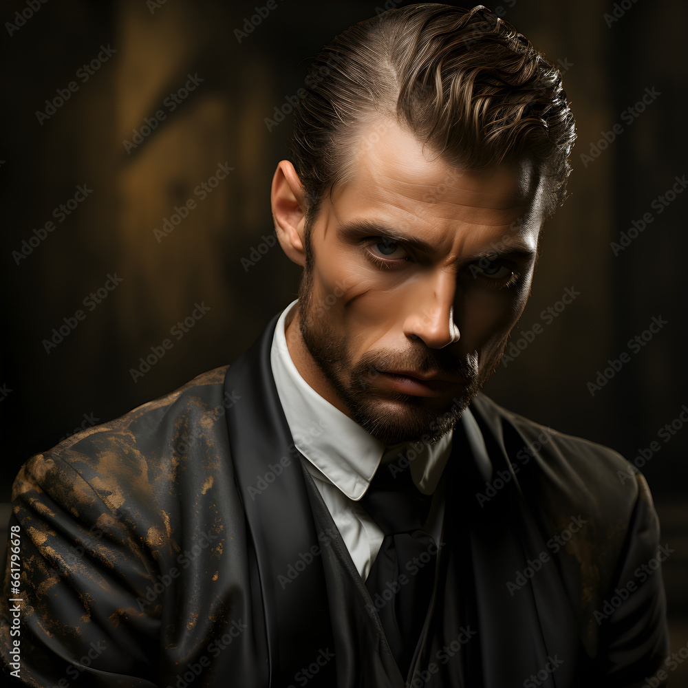 Fototapeta premium A portrait of a caucasian man with a dirty suit looking intensely into the camera.