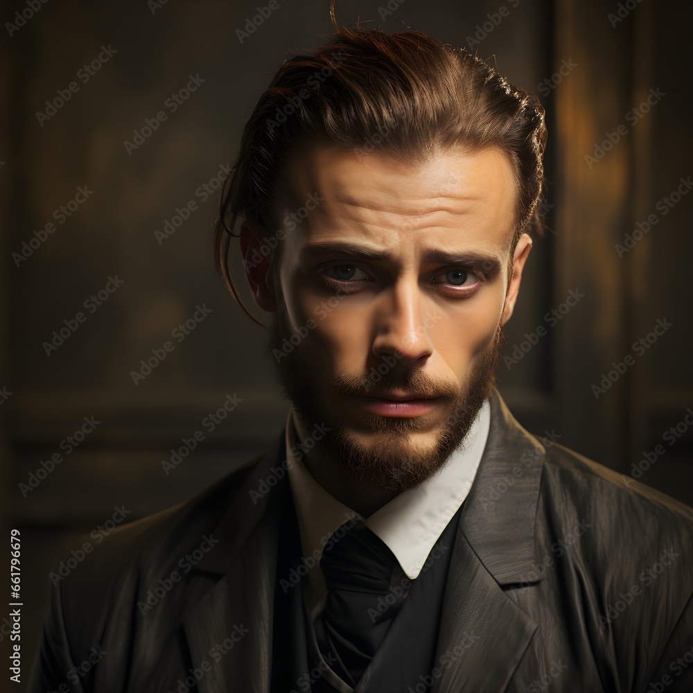 A portrait of a caucasian man with a vulnerable facial expression, and hair combed back. A portrait of a caucasian man with a vulnerable facial expression, and hair combed back.