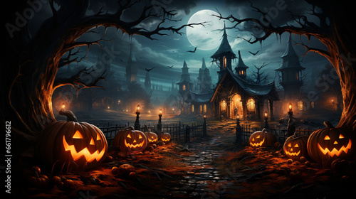 painting of Halloween pumpkin head jack lantern with burning candles, Spooky Forest with a full moon