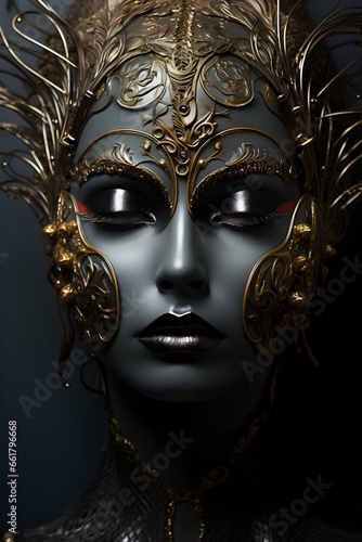 AI-generated image of a dark woman's mask with golden decorations. 