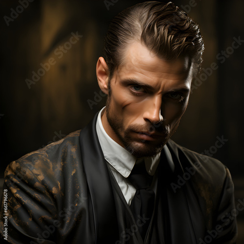 A portrait of a caucasian man with a dirty suit looking intensely into the camera.
