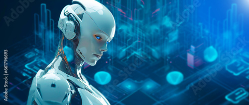 White Humanoid robot interface with blue futuristic technology graphic background, an Innovation, AI artificial intelligence.
