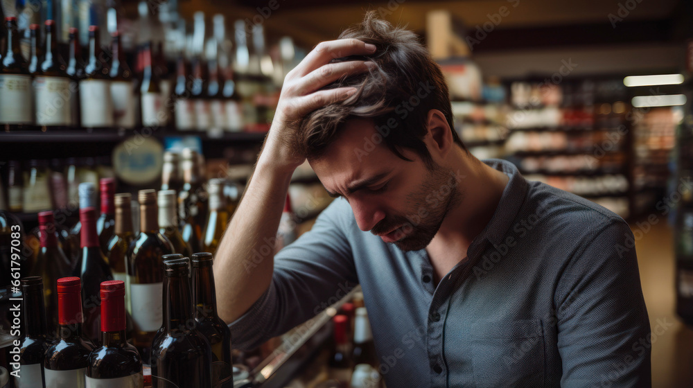 Drunk and depressed sad young man suffer from headache and alcohol withdrawal