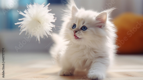 a beautiful white fluffy little kitten with blue eyes is playing with a fluffy toy