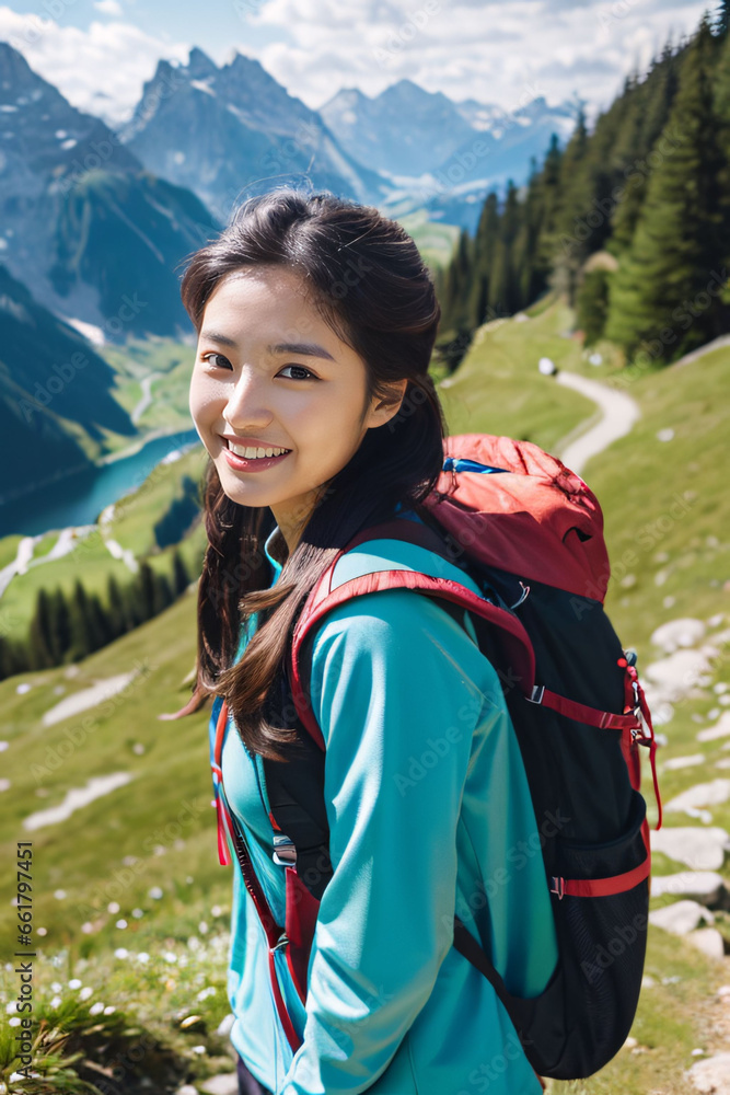 Korean woman hiking in mountains，Generative AI	