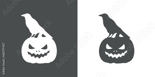 Logo con silueta de cuervo en calabaza de Halloween Jack O Lantern para su uso en invitaciones y tarjetas