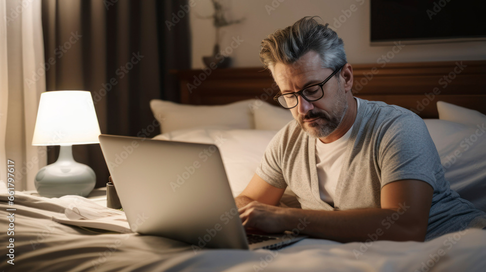 Male doze off, nod off and snooze while using his laptop in bedroom