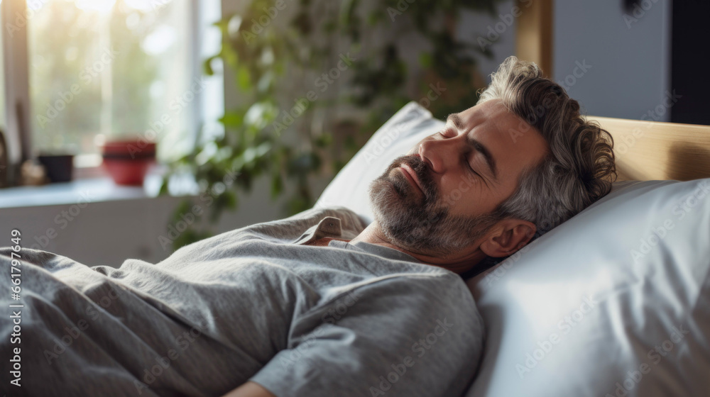 Man lying in bedroom with a good sleep as healthy and well being concept Man lying in bedroom with a good sleep as healthy and well being concept