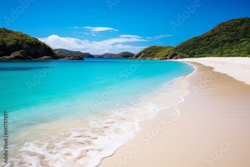 Turquoise bay with white sandy beach. Generative AI © Azeneth