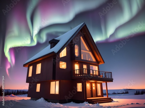 Aurora borealis over house in winter landscape