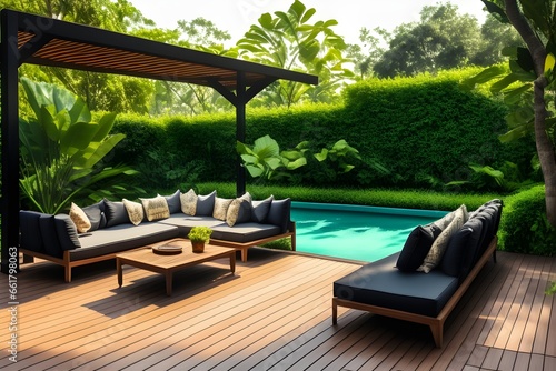 Lavish outside garden with swimming pool