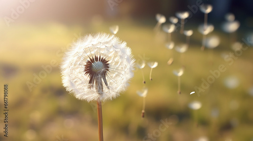 a beautiful close-up of a dandelion at the moment when the seeds fly from it on the background of a green meadow in the morning sunlight