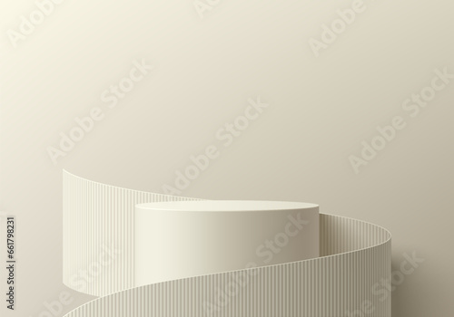 Abstract cream and beige 3d cylinder podium background, product display stand surrounded on pastel wall scene. Minimal mockup or product display presentation, Stage showcase. Platforms vector design. photo