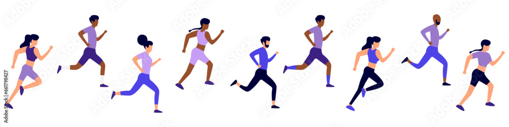 A group of people running a marathon. Marathon runners competing for victory in running. Healthy lifestyle concept. Vector illustration on isolated background. Stock illustration EPS 10