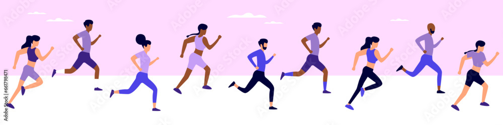 A group of people running a marathon. Marathon runners competing for victory in running. Healthy lifestyle concept. Vector illustration. Stock illustration EPS 10