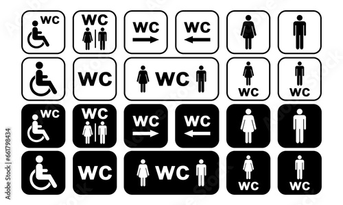 WC icons set. Toilet sign. Man, woman, collection of disabled people silhouettes. Toilet for men and women. Public restroom sign. Vector icons EPS 10