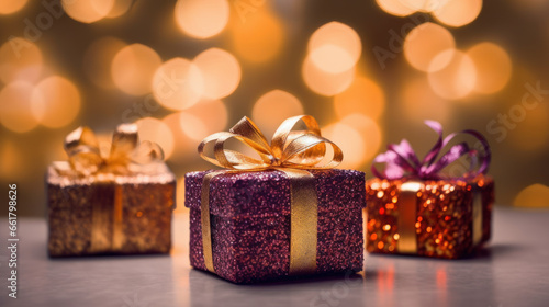 Christmas gifts festively wrapped with a ribbon in golden colors.