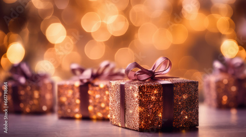Christmas gifts festively wrapped with a ribbon in golden colors. © weyo