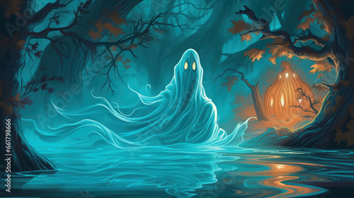 illustration of a ghost in aqua tones