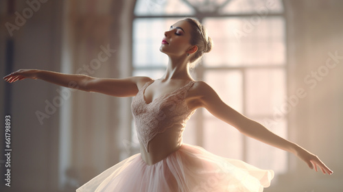 delicate female ballerina in a performance dress gently spread her arms to the sides in a beautiful light