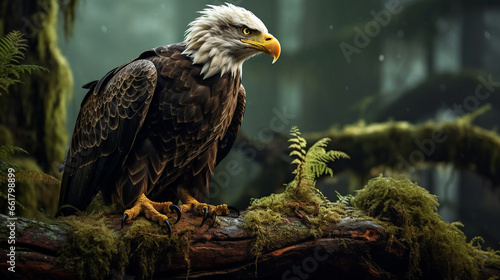 close up of a beautiful bald eagle sitting on a branch covered with moss in the forest