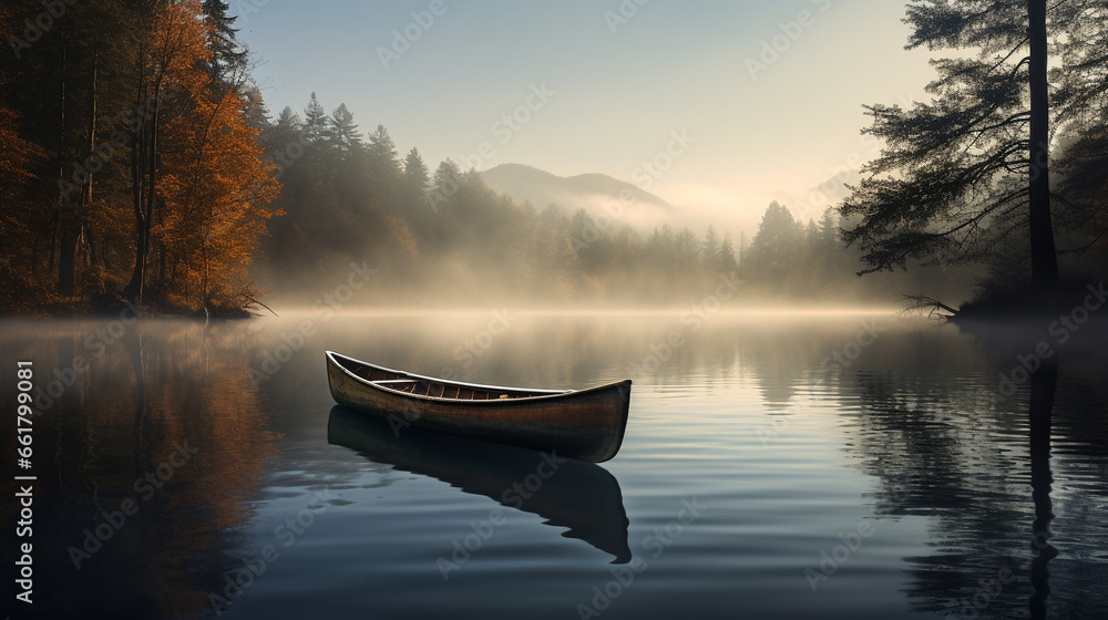 a beautiful wooden boat in the middle of a pond, over which the fog is creeping, a lake in the forest a beautiful wooden boat in the middle of a pond, over which the fog is creeping, a lake in the forest