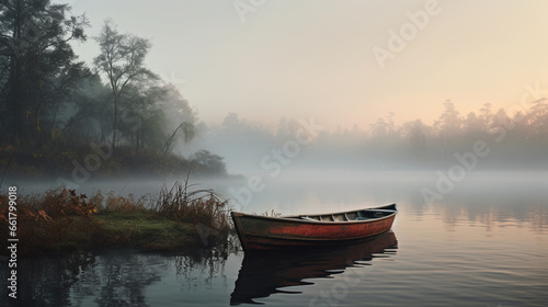 beautiful old wooden empty boat near the shore on a calm river covered with morning fog photo