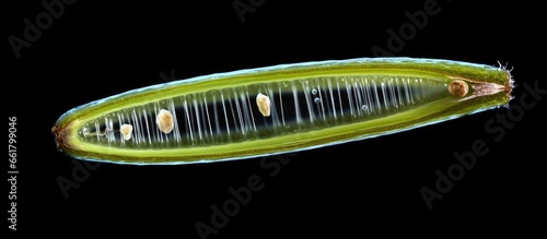 Microscopic photo of Euglena spirogyra a flagellate with spiral eyespot large paramylon grains chloroplasts and flagellum at 100 taken using DIC With copyspace for text photo