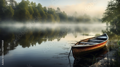 beautiful old wooden empty boat near the shore on a calm river covered with morning fog