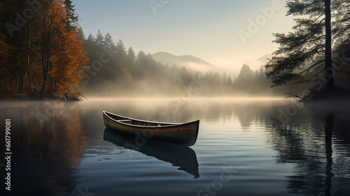 a beautiful wooden boat in the middle of a pond, over which the fog is creeping, a lake in the forest