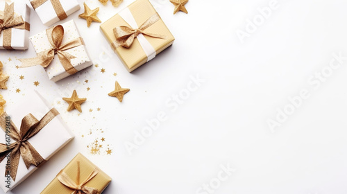 stockphoto,copy space, Christmas and New Year holiday background. Xmas greeting card. Christmas gifts on white background top view. Beautiful design for Christmas card or invitation. 