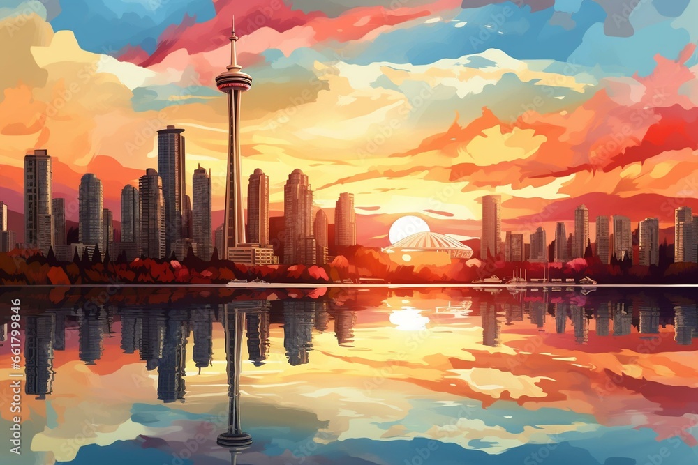Naklejka premium Illustration of Vancouver skyline and sunset reflected in water. Generative AI