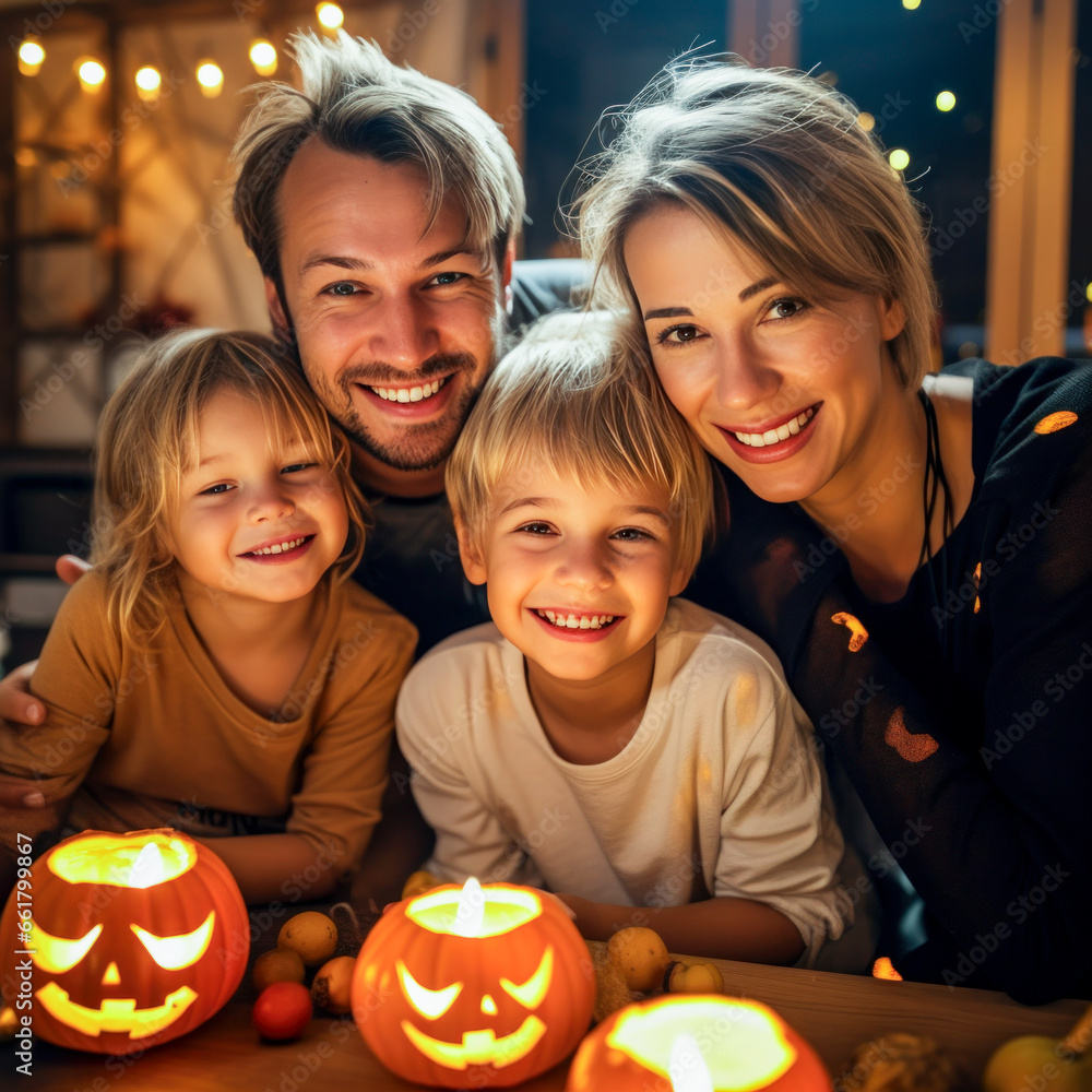 Happy family on halloween night in their comfortable home with candles and pumpkins Happy family on halloween night in their comfortable home with candles and pumpkins
