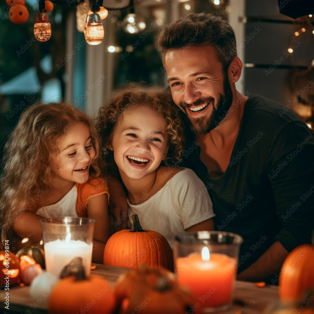 Happy family on halloween night in their comfortable home with candles and pumpkins Happy family on halloween night in their comfortable home with candles and pumpkins