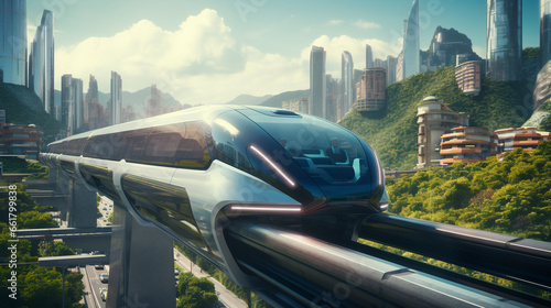 a high-speed futuristic train that moves on a monorail over a bridge over a metropolis, the city is beautifully landscaped with plants photo
