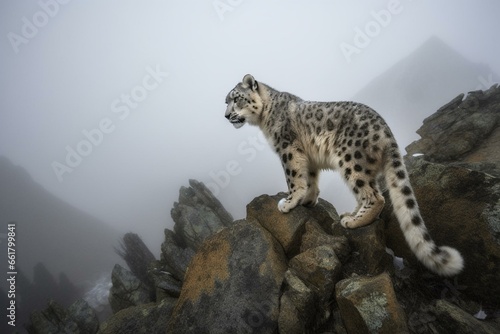 In the misty mountains, a rare snow leopard gazes stoically. Generative AI © Olivia