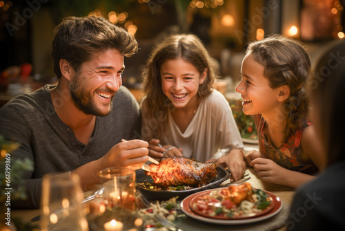 Happy family at Christmas dinner with plenty of food on the table