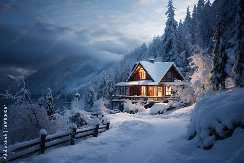Naklejka premium Cozy wooden house nestled in a winter wonderland