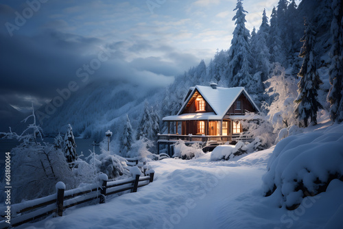 Cozy wooden house nestled in a winter wonderland