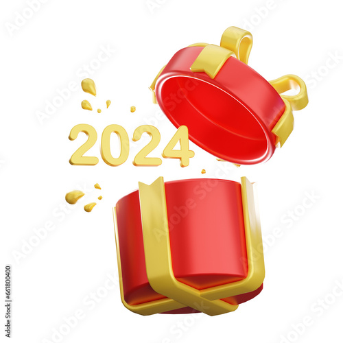 red gift box with  numbers year 2024 3d photo