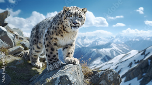 portrait of a snow leopard in a natural environment in snowy mountains photo
