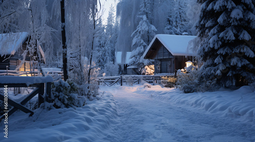 Small wooden cabin in winter forest covered with a snow blanket 