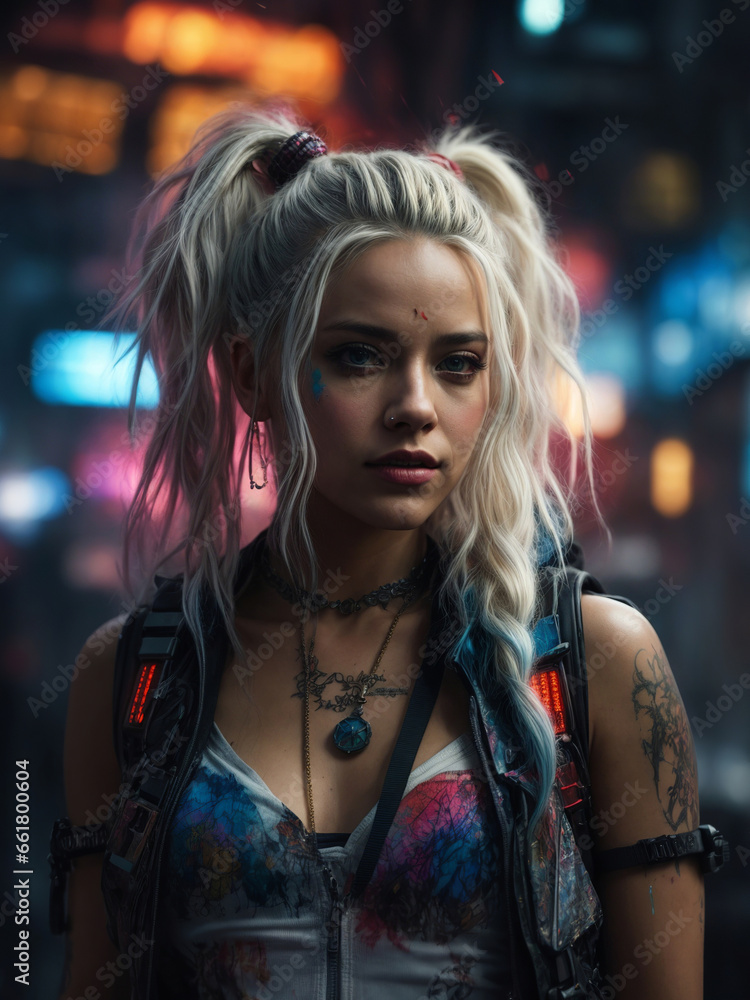 Cyberpunk, Beautful Girl, blonde hair with pink highlights, tattoos on their arms, and a colorful tank top, standing in a busy city street at night Cyberpunk, Beautful Girl, blonde hair with pink highlights, tattoos on their arms, and a colorful tank top, standing in a busy city street at night