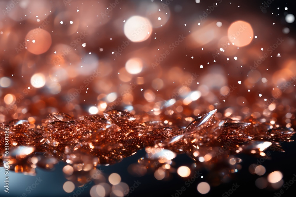 Abstract background with bokeh defocused lights and snowflakes. Rose golden or Salmon Glitter Background for Christmas or Special Occasion. 