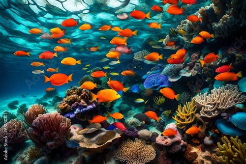coral reef with fish and coral 4k HD quality photo. 