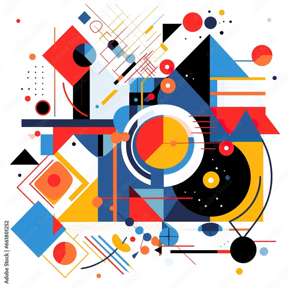 Modern artwork features deconstructed postmodern inspired abstract symbols with bold geometric shapes.