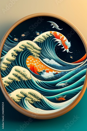 desing for t shirt, The great wave made of koi carps, fractal artwork, detailed, trending on artstation, octane, Bowl with eyes, mouth and hair made of spaghett sinking in the wave