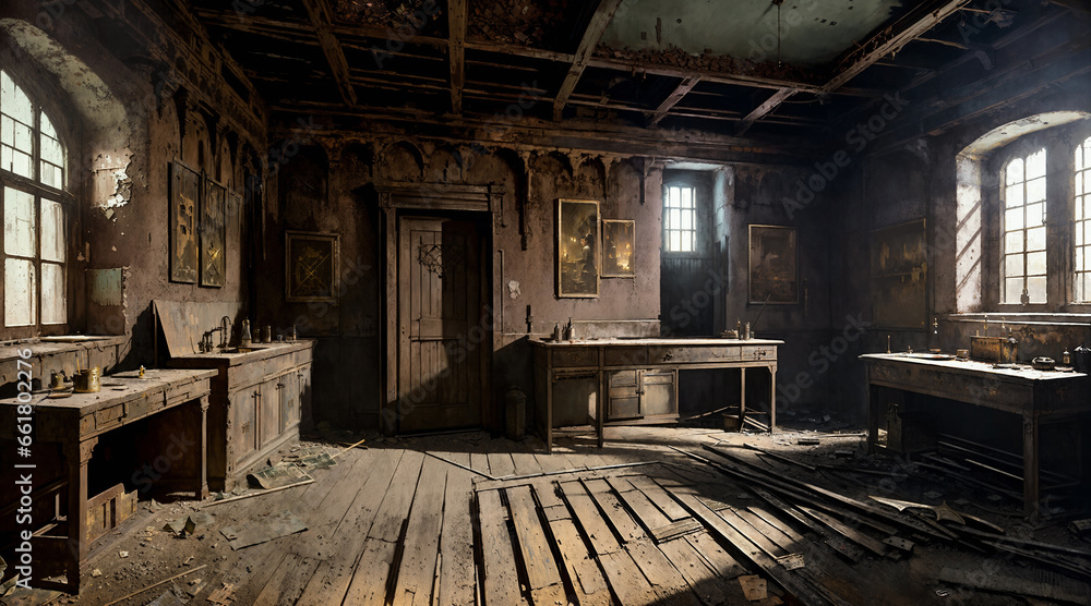 Shabby room in a dilapidated old mansion. Interior with vintage furniture and antiques. Created using generative AI tools Shabby room in a dilapidated old mansion. Interior with vintage furniture and antiques. Created using generative AI tools