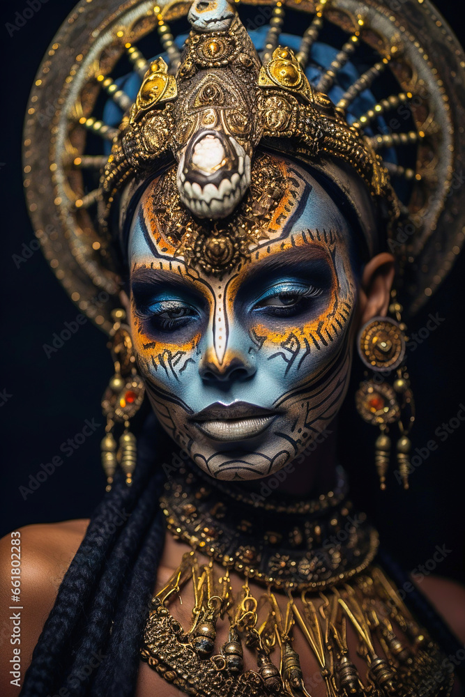 A beautiful woman wearing jewelry and having her face painted for the Day of the Dead celebration.