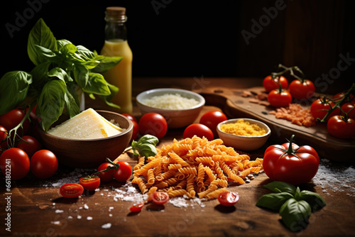 Ingredients to make a pasta dish with tomato